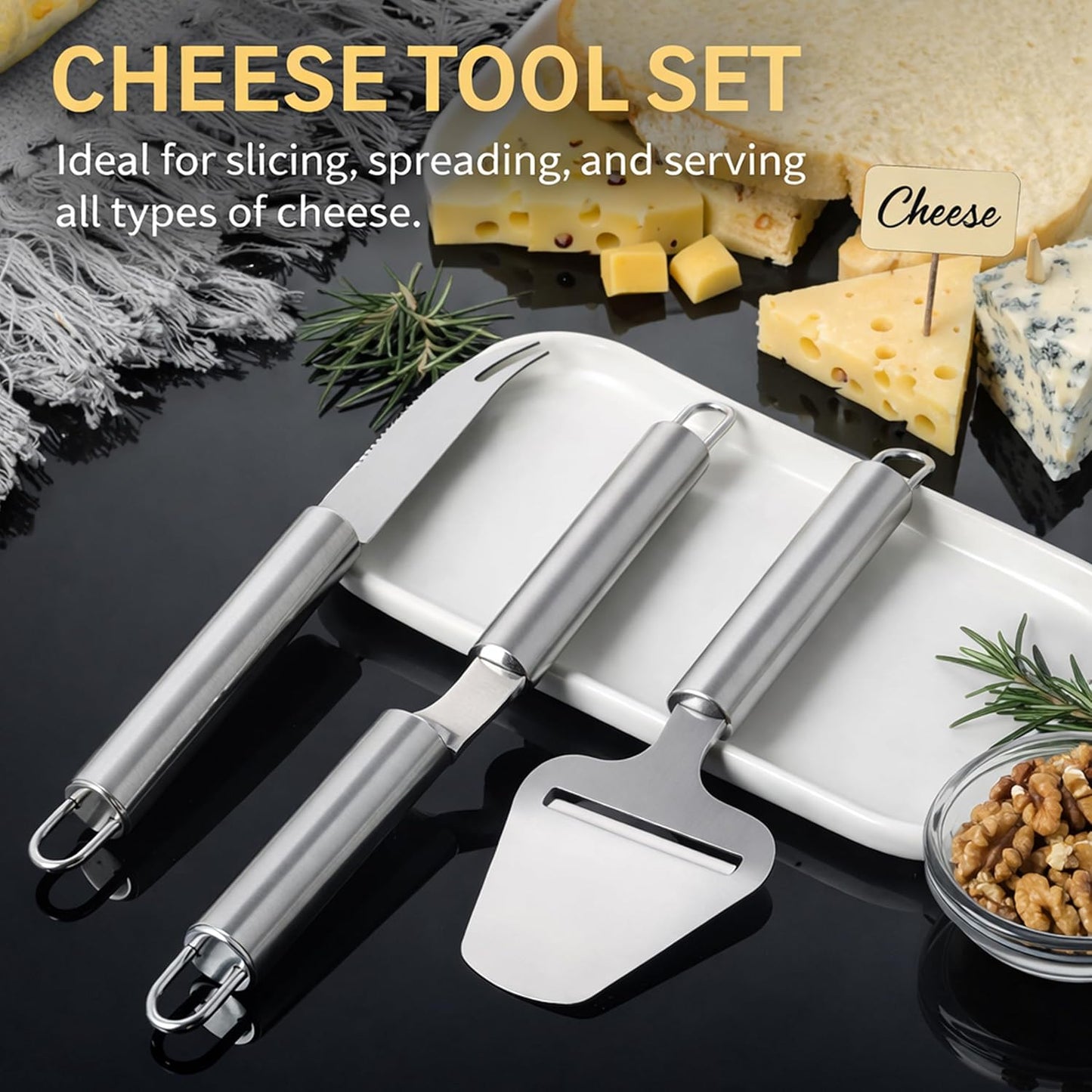 Zionk Cheese Knife Set 3 Piece Stainless Steel – Cheese Slicer, Spreader & Cutter Knives for Soft & Hard Cheese, Ergonomic Handle, Dishwasher Safe Cheese Serving Tools for Kitchen
