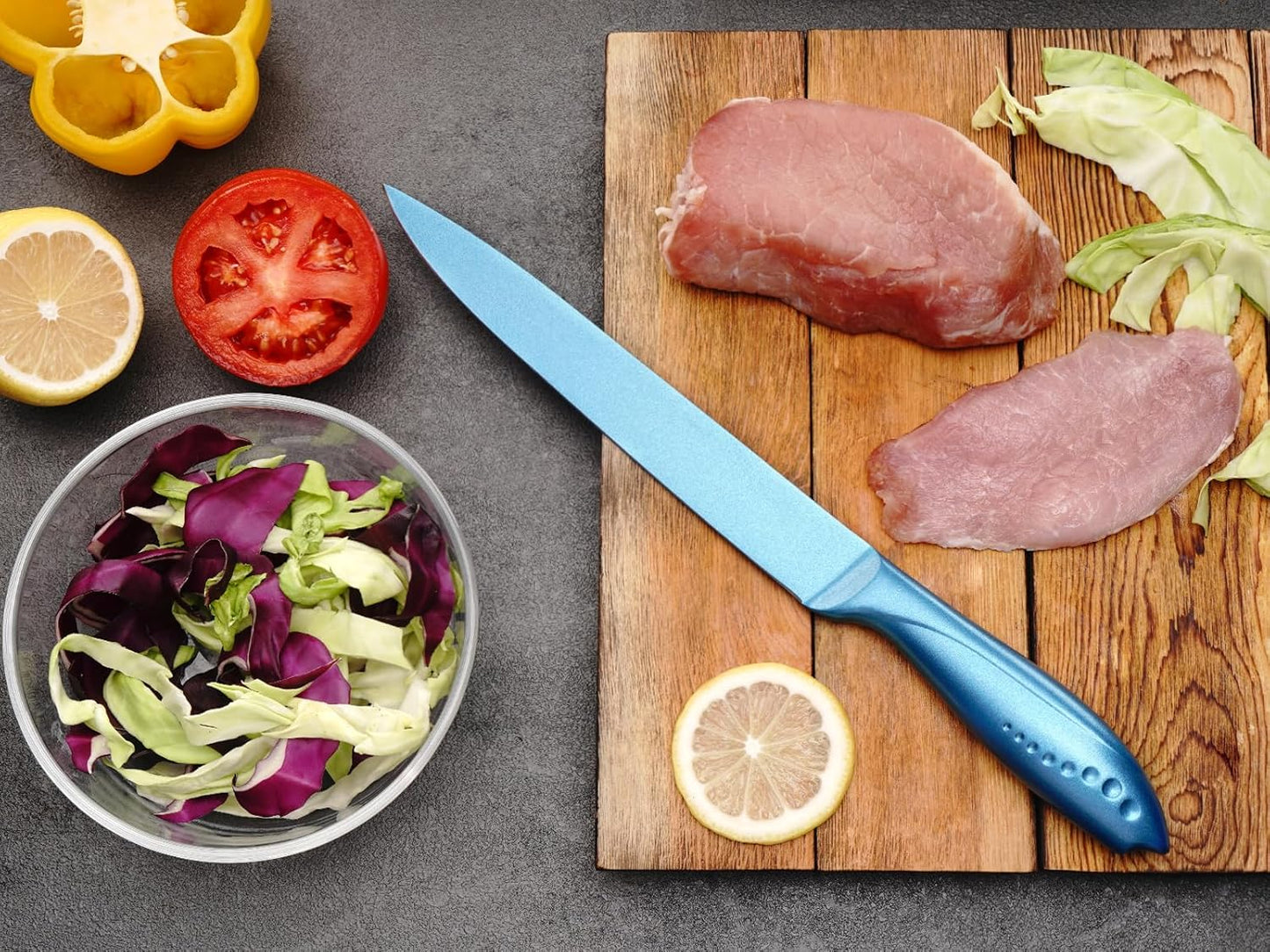 8 Inch Slicing Knife, German High Carbon Stainless Steel Blade and Ergonomic Comfortable Handle, Non-Stick Slicer Knife for Carving Slicing Cutting of Meat Vegetables and Fruits-Blue