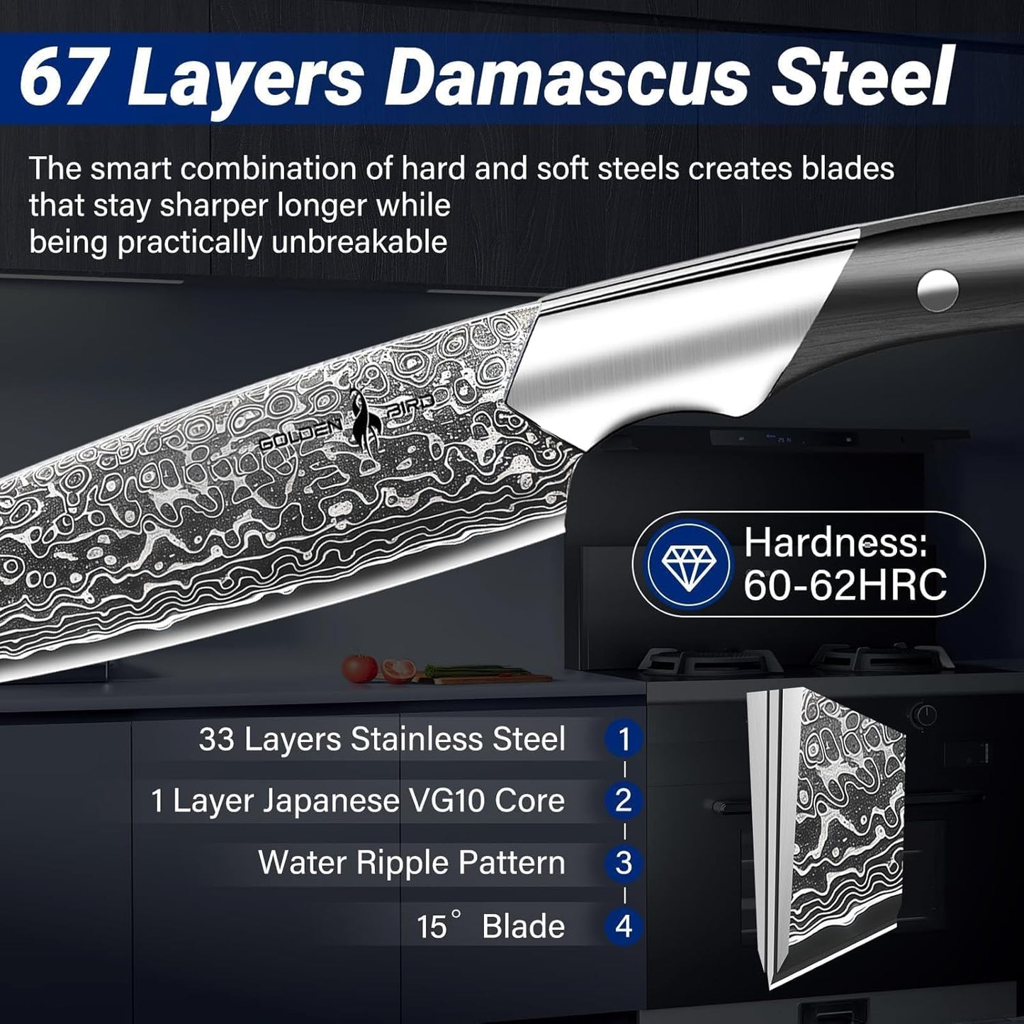 Golden Bird 6 inch Kitchen Utility knife, Japanes VG10 Damascus Steel Chef Knives with Wooden Handle, Small Paring Knife for Fruit and Vegetable, Ideal Gift