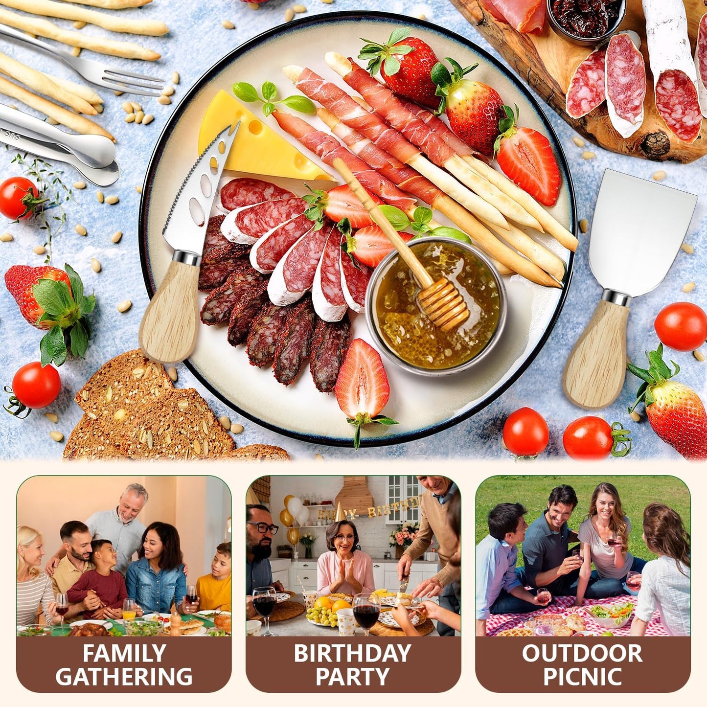 Charcuterie Boards Accessories Gold Charcuterie Utensils Cheese Butter Spreader Knife Set Small Serving Tongs Forks and Spoons Dipping Bowls Honey Dippers Toothpick Flags for Party Platter Appetizers