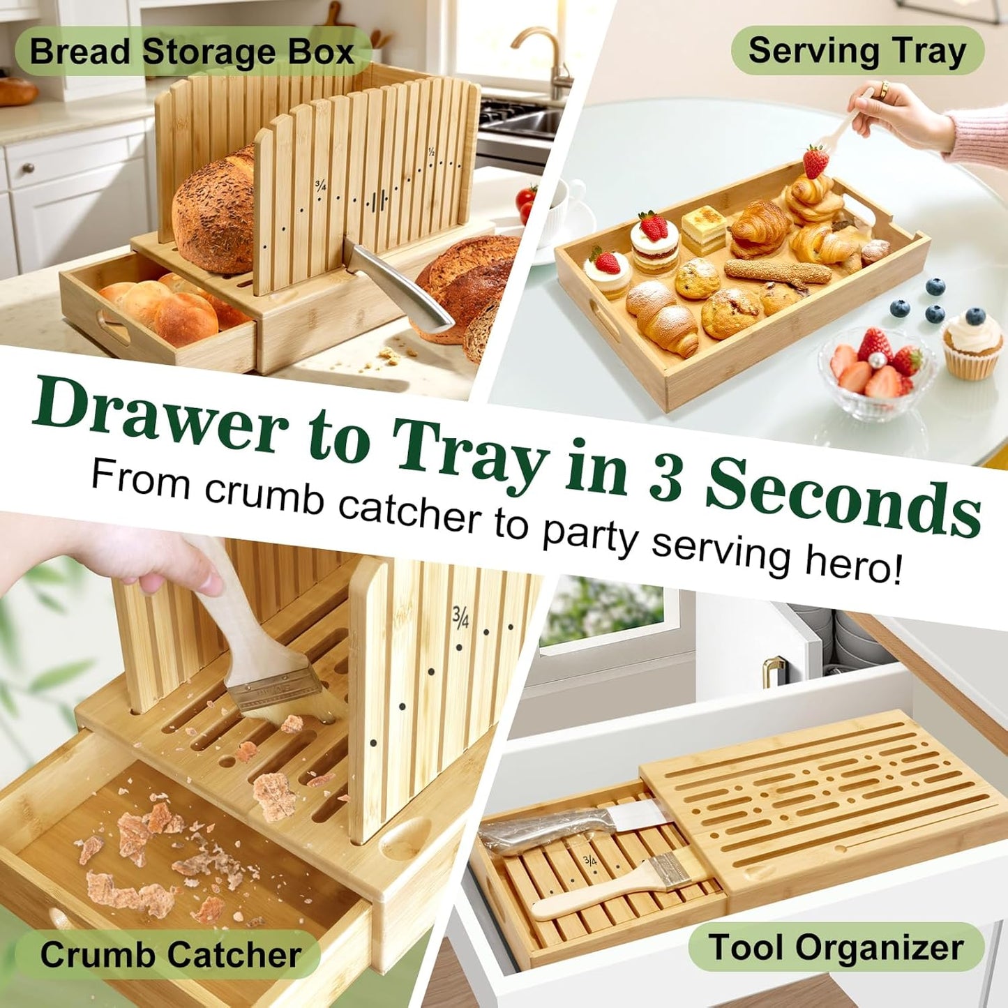 Bread Slicer for Homemade Bread, 5-Piece Bamboo Sourdough Bread Cutter Kit with Knife & Crumb Tray& Bread Bag, Manual Loaf Slicer Adjustable Bread Slicer Guide for Bagels, Sandwiches, Baking Tools