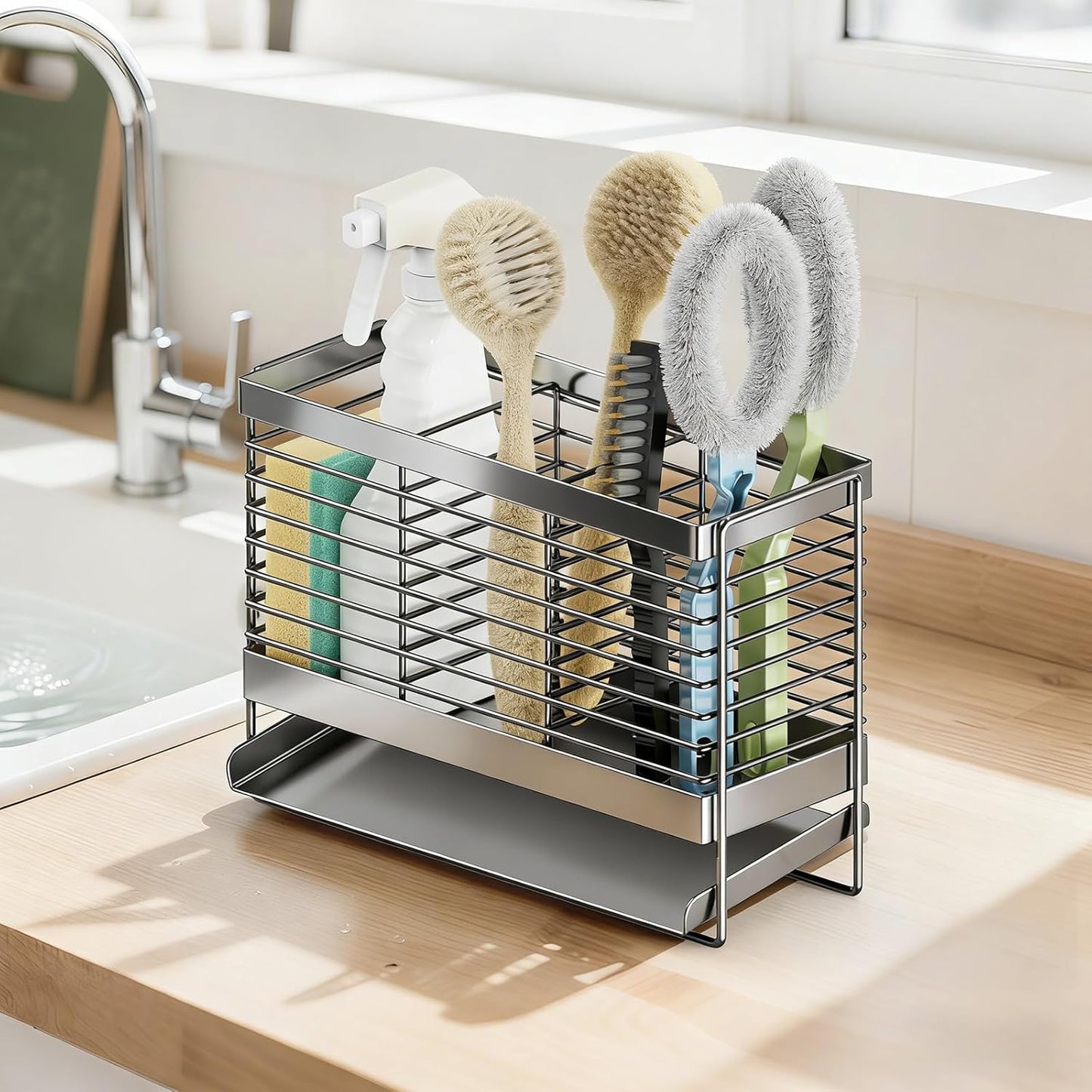 Utensil Holder, Upgrade Stainless Steel Utensil Drying Rack with Automatic Drain Tray for Kitchen Counter, Silverware Cutlery Organizer for Spoons, Forks, Knifes, Chopsticks (Black)