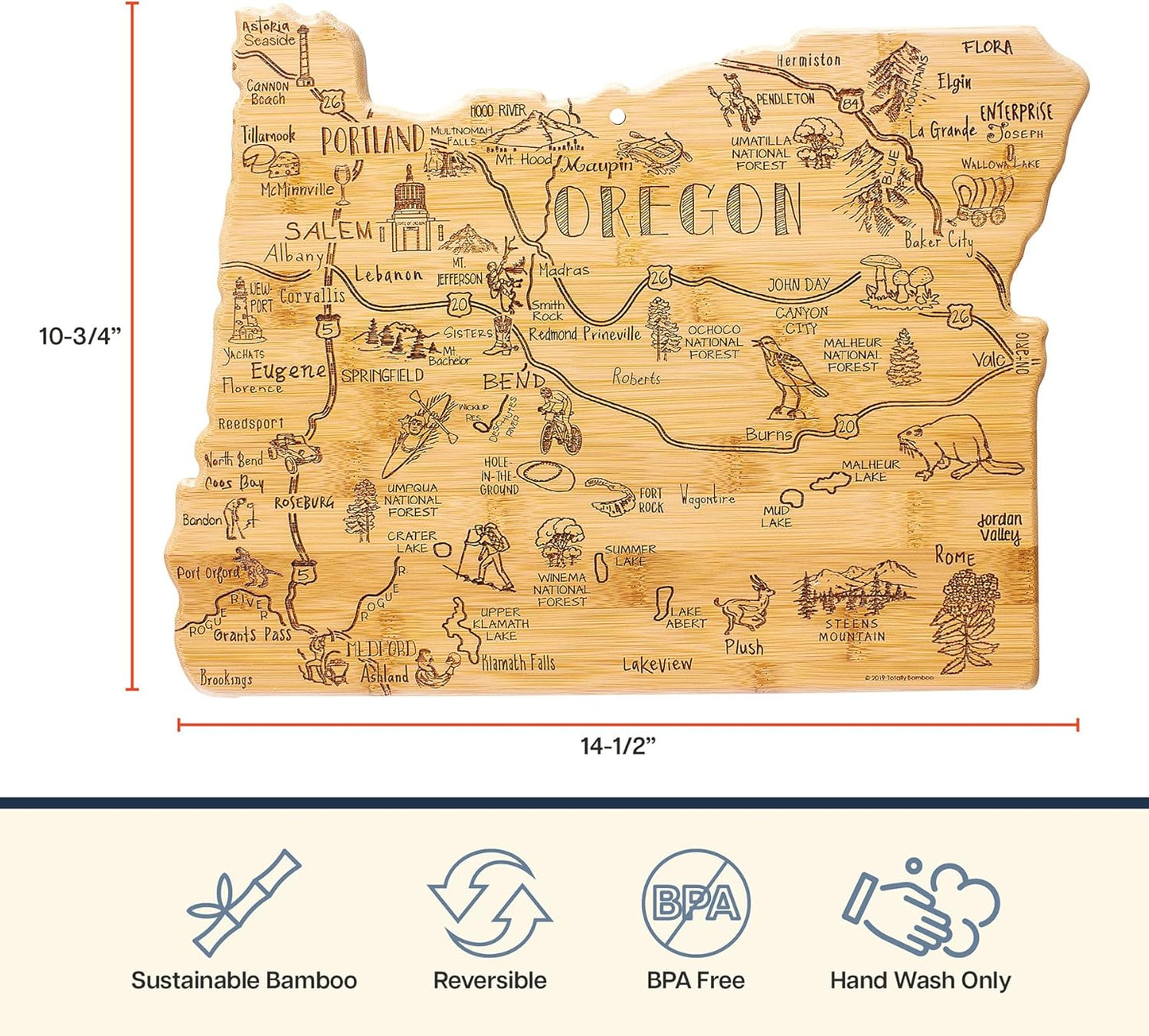 Totally Bamboo Destination Oregon Shaped Cutting Board – Bamboo Charcuterie and Serving Board with Hang Tie for Wall Display