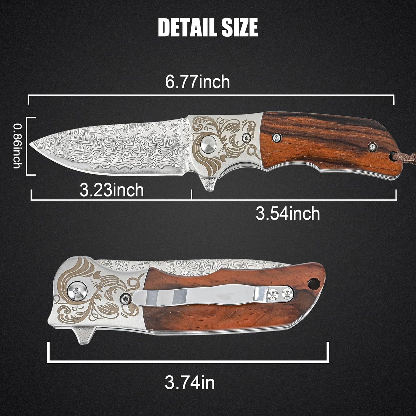 Damascus Pocket Knife with Sheath,3.54" Sharp Damascus Steel Blade Abalone Seashells Handle EDC Pocket Knives & Folding Knives for Outdoor Camping, Ideal Gifts for Men Women