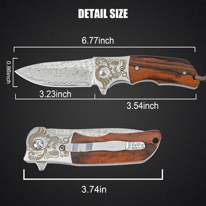 Damascus Pocket Knife with Sheath,3.54" Sharp Damascus Steel Blade Abalone Seashells Handle EDC Pocket Knives & Folding Knives for Outdoor Camping, Ideal Gifts for Men Women