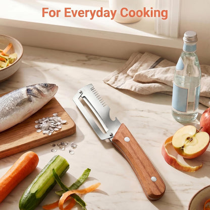 Vegetable Peeler, Potato Paring Knife, Multifunctional Stainless Steel Apple Peeler for Kitchen Use, 2-in-1 Fruit Tool with Sharp Blade, Ergonomic Wooden Handle & Bottle Opener (Pro-1PCS)