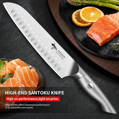MAD SHARK 8 Inch Santoku Knife - Ultra Sharp Japanese Kitchen Knife with High Carbon German Steel, Ergonomic Handle, Ideal for Slicing, Dicing, Cutting - Unique Gift for Chefs, Men & Women (Black)