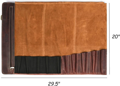 Tolredo Top Grain Buffalo Leather Chef Knife Roll Case 10 Slot and 1 Zipper Pocket for Culinary Storage Portable Bag with Detachable Shoulder Strap (Walnut, 29.5" X 20")