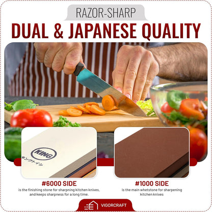Japanese Whetstone Knife Sharpener - Dual-Sided 1000/6000 Grit Japanese Knife Sharpening Kit with Non-Slip Microfiber Cloth - Kitchen Sharpening Stones for Knives with Whetstone Angle Guide