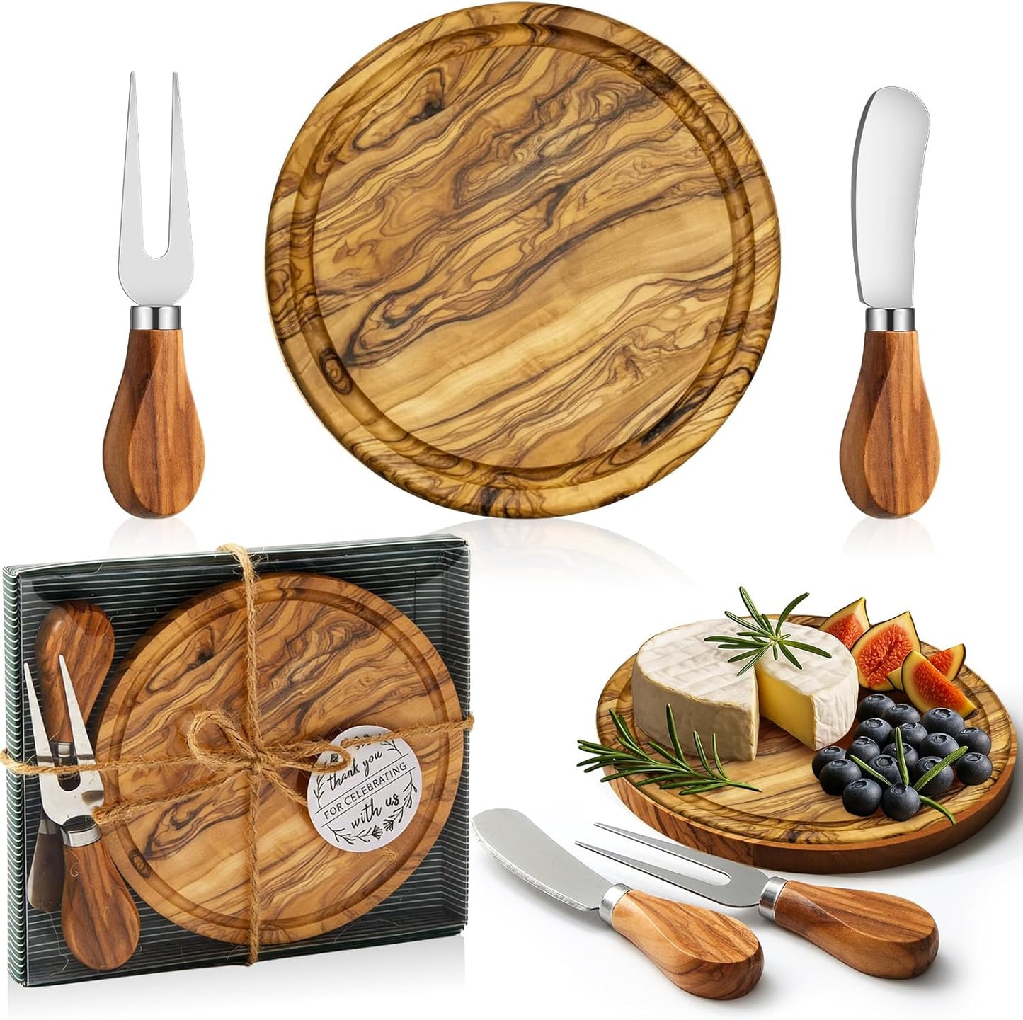 Maxcheck 18 Sets Baby Shower Bridal Game Prizes for Winners Round Cheese Board Set Wood Mini Charcuterie Board with Knives and Forks Thank You Card with Gift Box for Guests Wedding (Bamboo)