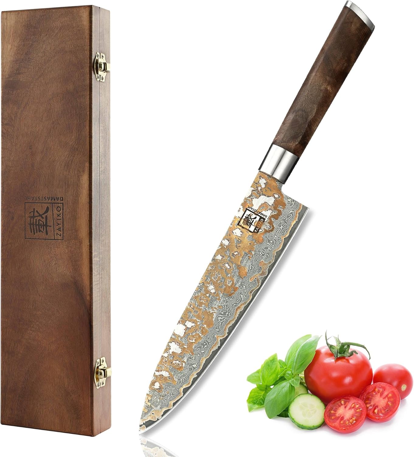 zayiko MysticMagma Nakiri Damascus Knife, 17 cm Blade made of 67 Layers of Damascus Steel with copper and bronze Inlay, DualCurve Handle made of maple root Wood, wooden Box