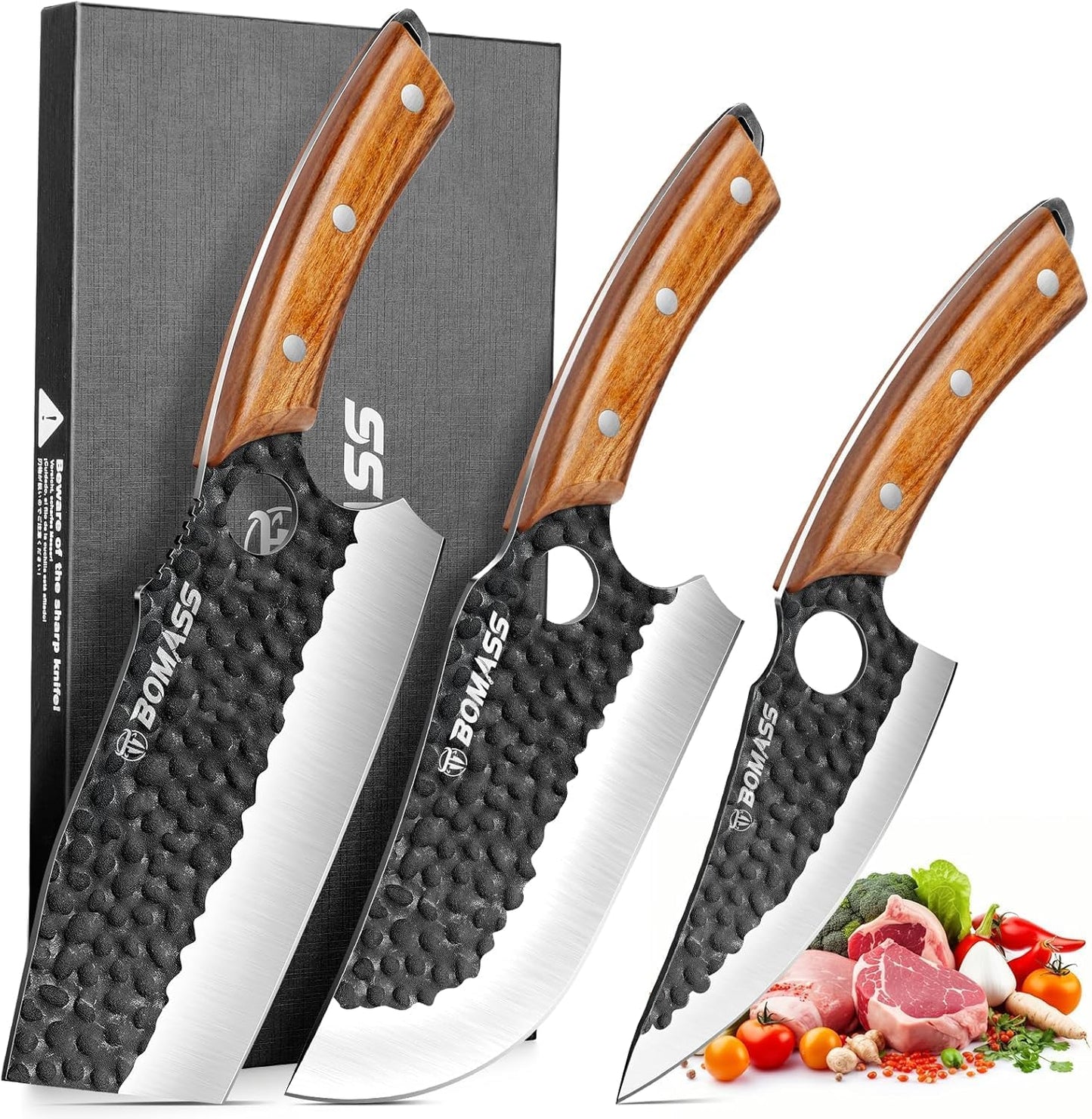 Butcher Knife for Cutting Set of 3, Hand Forged Meat Cleaver Knife for Cooking, High Carbon Kitchen Knife & Serbian Chef Knife & Boning Knife for Home, Outdoor Camping, BBQ, Gift for Men