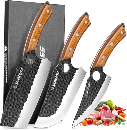 Butcher Knife for Cutting Set of 3, Hand Forged Meat Cleaver Knife for Cooking, High Carbon Kitchen Knife & Serbian Chef Knife & Boning Knife for Home, Outdoor Camping, BBQ, Gift for Men