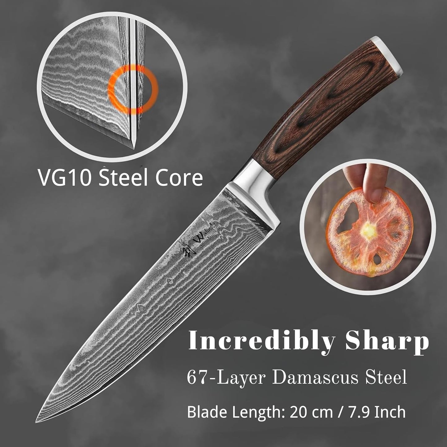 Wakoli EDIB Damascus Meat Knife – 7-Inch Japanese-Style Kitchen Knife for Meat, BBQ, and Roasts, 67-Layer Damascus Steel Blade with VG10 Core, Ergonomic Pakkawood Handle – Carving Knife in Gift Box