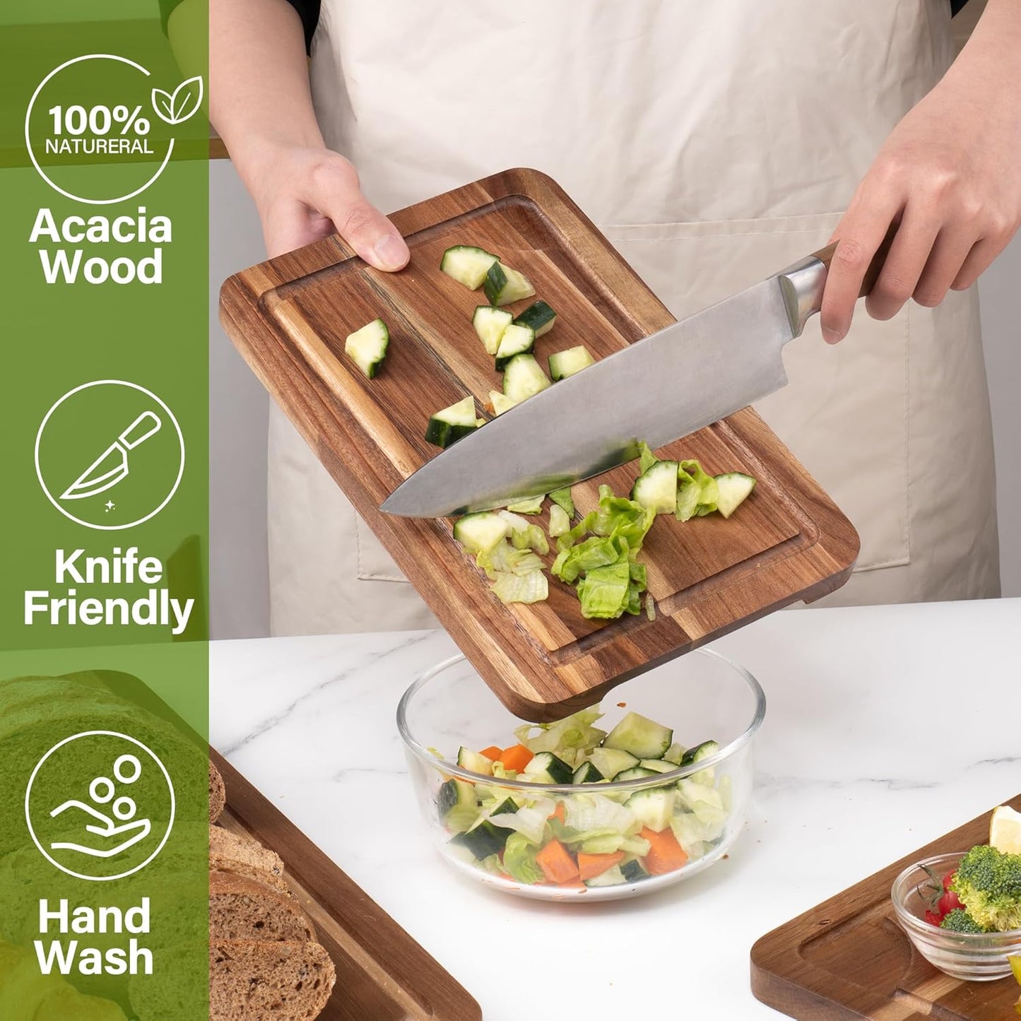 WILLKOMMEN 4-Piece Bamboo Cutting Boards for Kitchen, Chopping Board Set with Food Icon (Meat, Fish, Vegetables, Fruits) Butcher Block with Stands, Handles & Juice Grooves (Small, Medium, Large, XL)