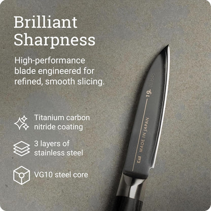 Michel BRAS No. 1 Paring Knife, 3" Handcrafted Vegetable and Fruit Knife, 3 Layer Stainless Steel Blade, Black Pakkawood Handle, Small Kitchen Tool for Peeling and Cutting