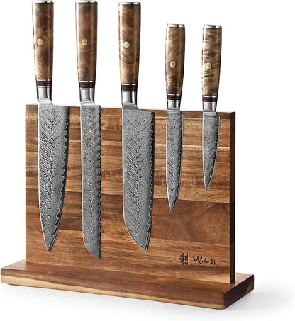 Wakoli Damascus Chef Knife Set with Magnetic Block – 5-Piece Professional Kitchen Knife Block Set, Genuine 67-Layer Damascus Steel Blades with VG10 Core & Ergonomic Sycamore Wood Handles
