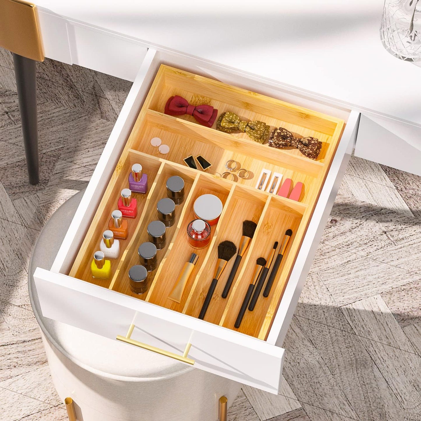 Utensil Organizer Silverware Drawer Organizer - Bamboo Expandable Cutlery Tray with Dividers for Utensil Holder Office Storage Makeup Desk Drawer Tool Organization W13.5"-19.5" x L17.5" x H2.5"(Black) | Expandable