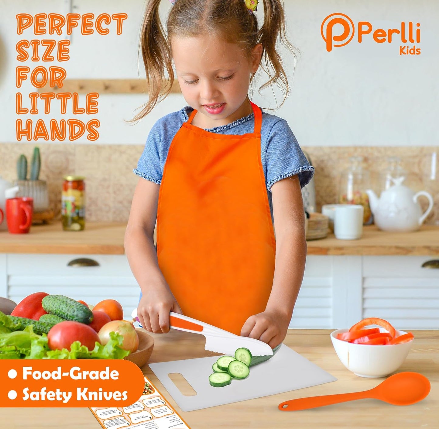 PERLLI Kids Real Cooking Set for Cooking and Baking – 31 Pc. Gift for Junior Chef with Real Utensils, Case & Safe Kids Knife Set for Boys & Girls – Fine Motor Skills & Fun for Children Ages 6+, Orange