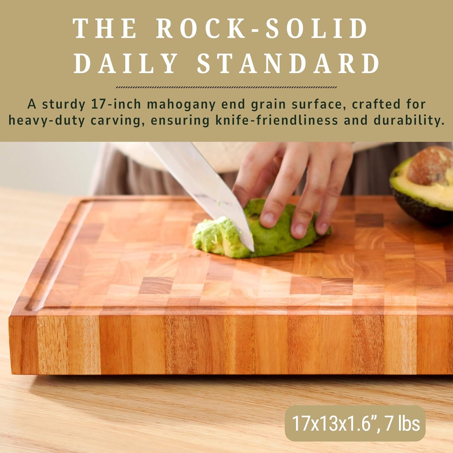 SHUMARU Mahogany End Grain Cutting Board, 17×13×1.6 in – Handmade Butcher Block, Knife-Friendly, Juice Groove, Non-Slip Feet
