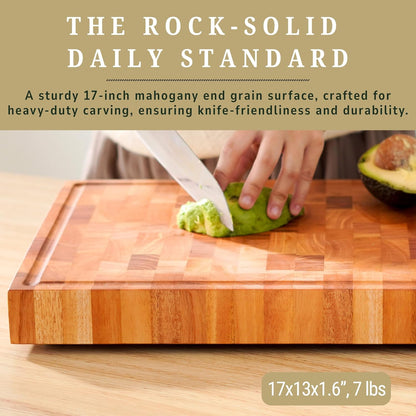 SHUMARU Mahogany End Grain Cutting Board, 17×13×1.6 in – Handmade Butcher Block, Knife-Friendly, Juice Groove, Non-Slip Feet