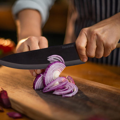 Nuwave 4-Piece Black Ceramic Knife Set - Includes 3' Paring, 5' Utility, 6.5' Everyday & 8' Chef's Knife, Ideal Super Sharp Kitchen Knives, Rust-Proof, Ergonomic Handles