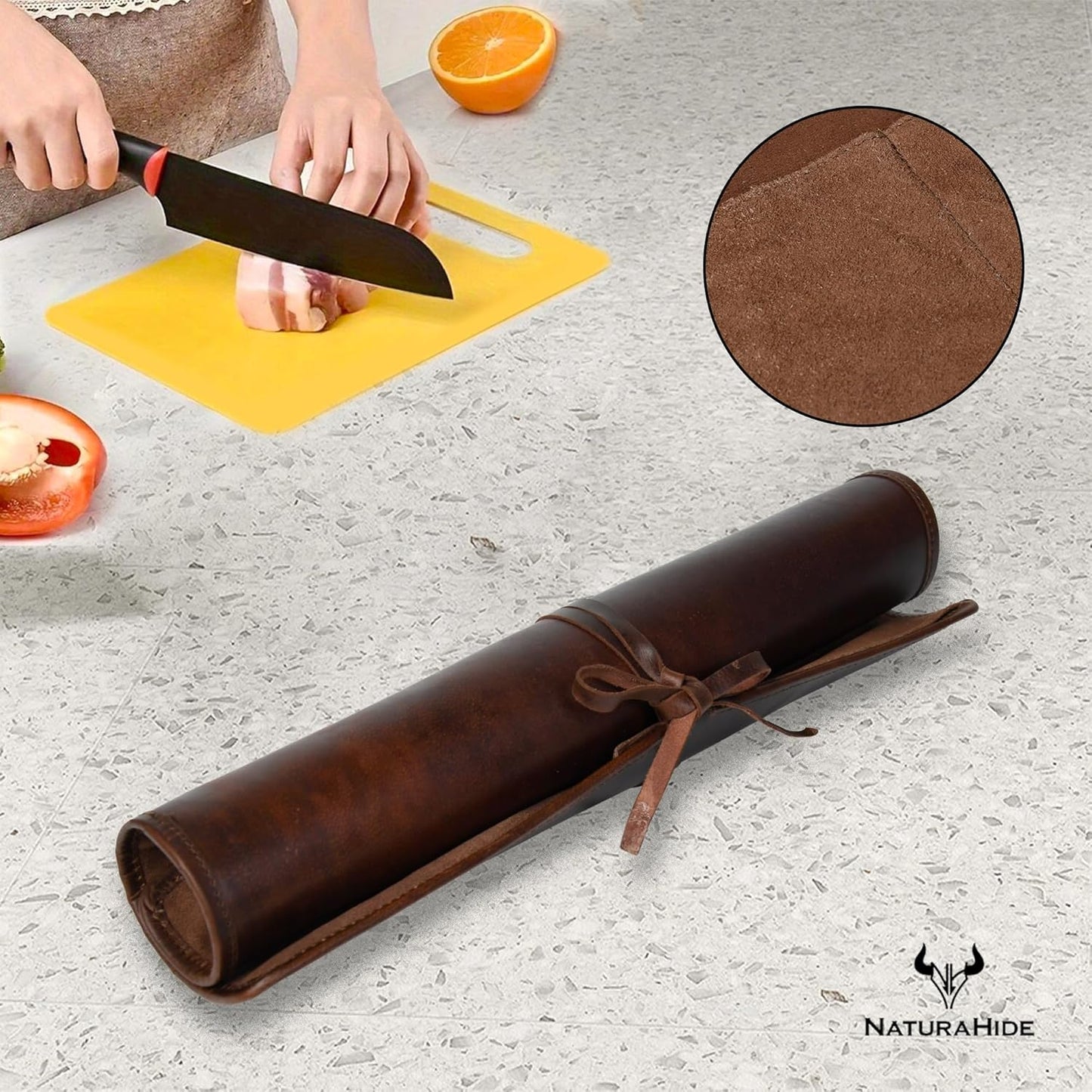 Leather Knife Roll Bag for Professional Chefs 4 Slot Full Grain and Suede Leather Knife Case Handmade Culinary Tool Roll Organizer for Travel, Kitchen and Outdoor Cooking (Black)