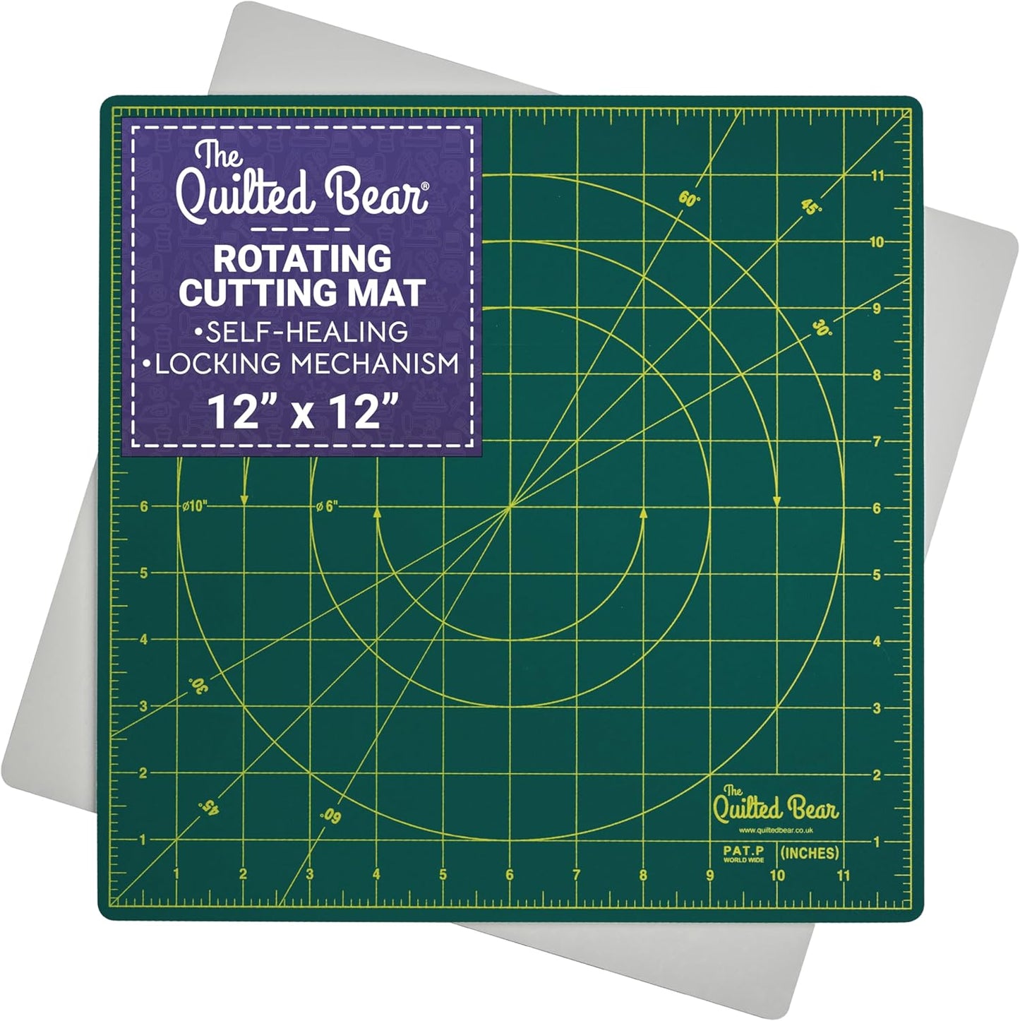 The Quilted Bear Rotating Cutting Mat 12" x 12" - Locking & Rotating Self Healing Cutting Board for Sewing, Fabric & Quilting - 360 Degree Sewing Supplies Mat for Craft Table (Pink)