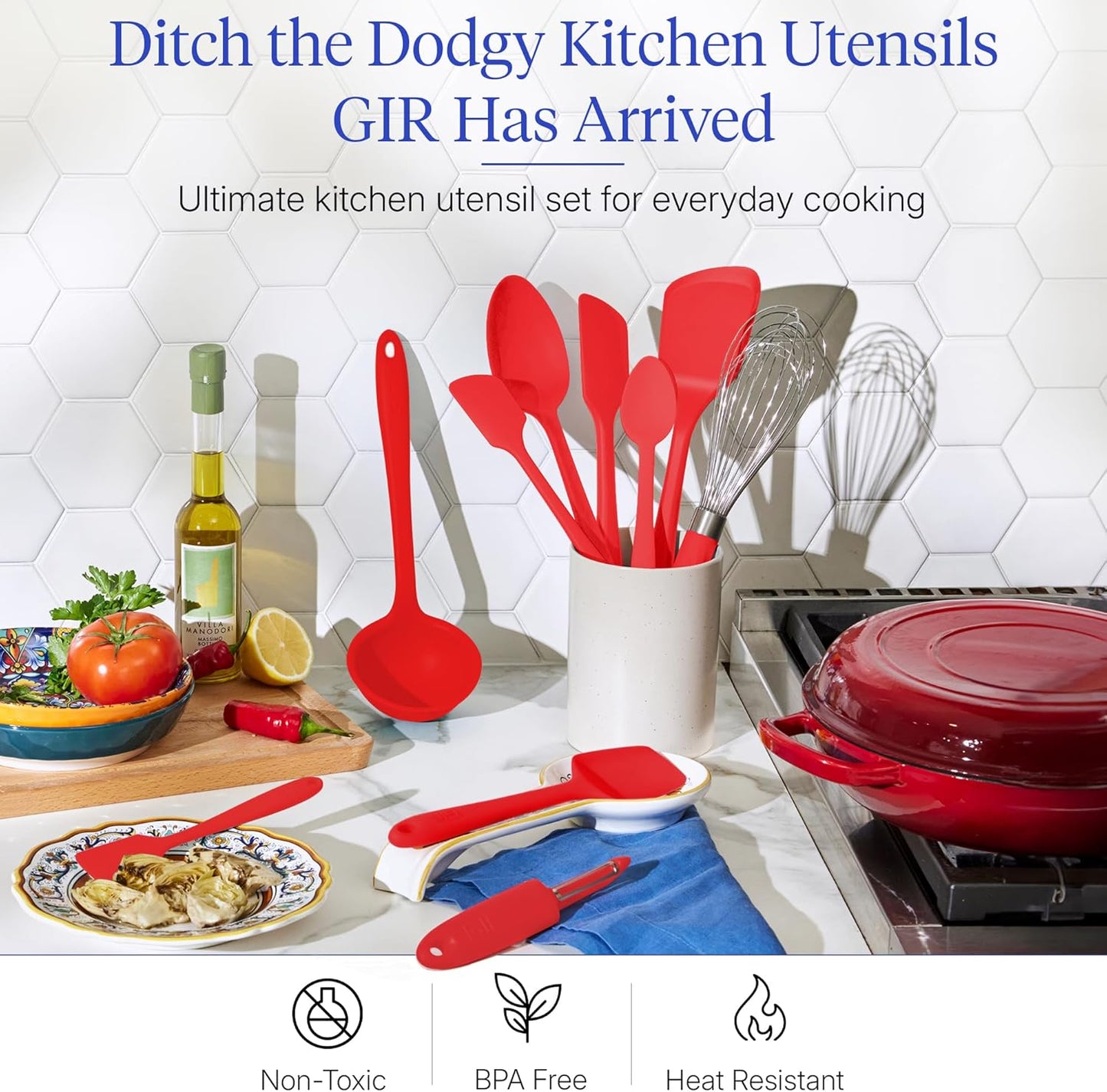 GIR: Get It Right 5 Piece Silicone Ultimate Kitchen Utensils Set - Ladle, Spatula, Flip, Spoon & Spoonula - Non-Toxic Cooking Utensils for Nonstick Cookware, Cooking and Baking - Red