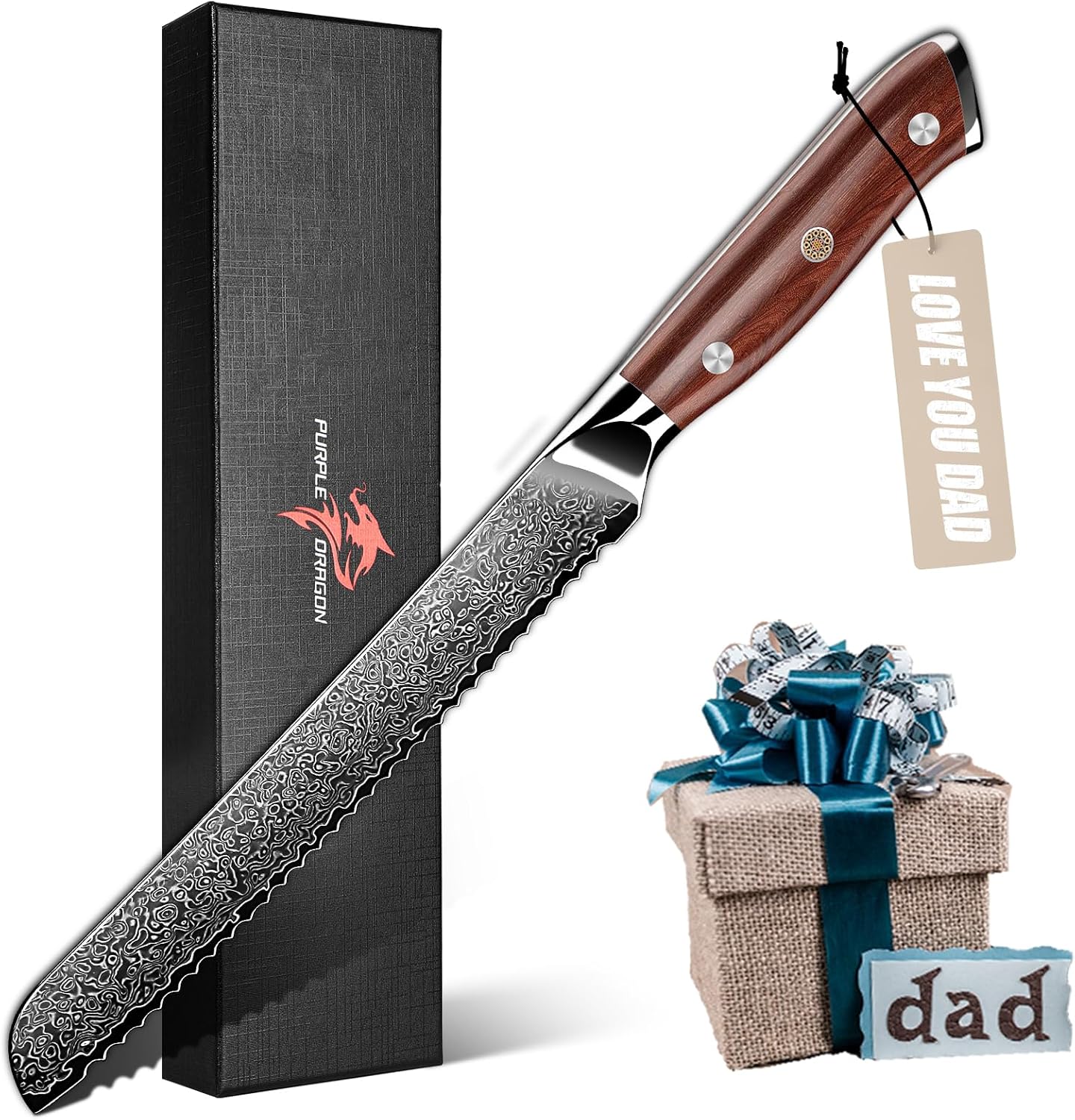 Purple Dragon Steak Knives Set of 6 - Smooth Edge Non-Serrated Blade with Square Wooden Handle – Elegant, Balanced, High Carbon German Steel - Christmas Gift for Men and Women