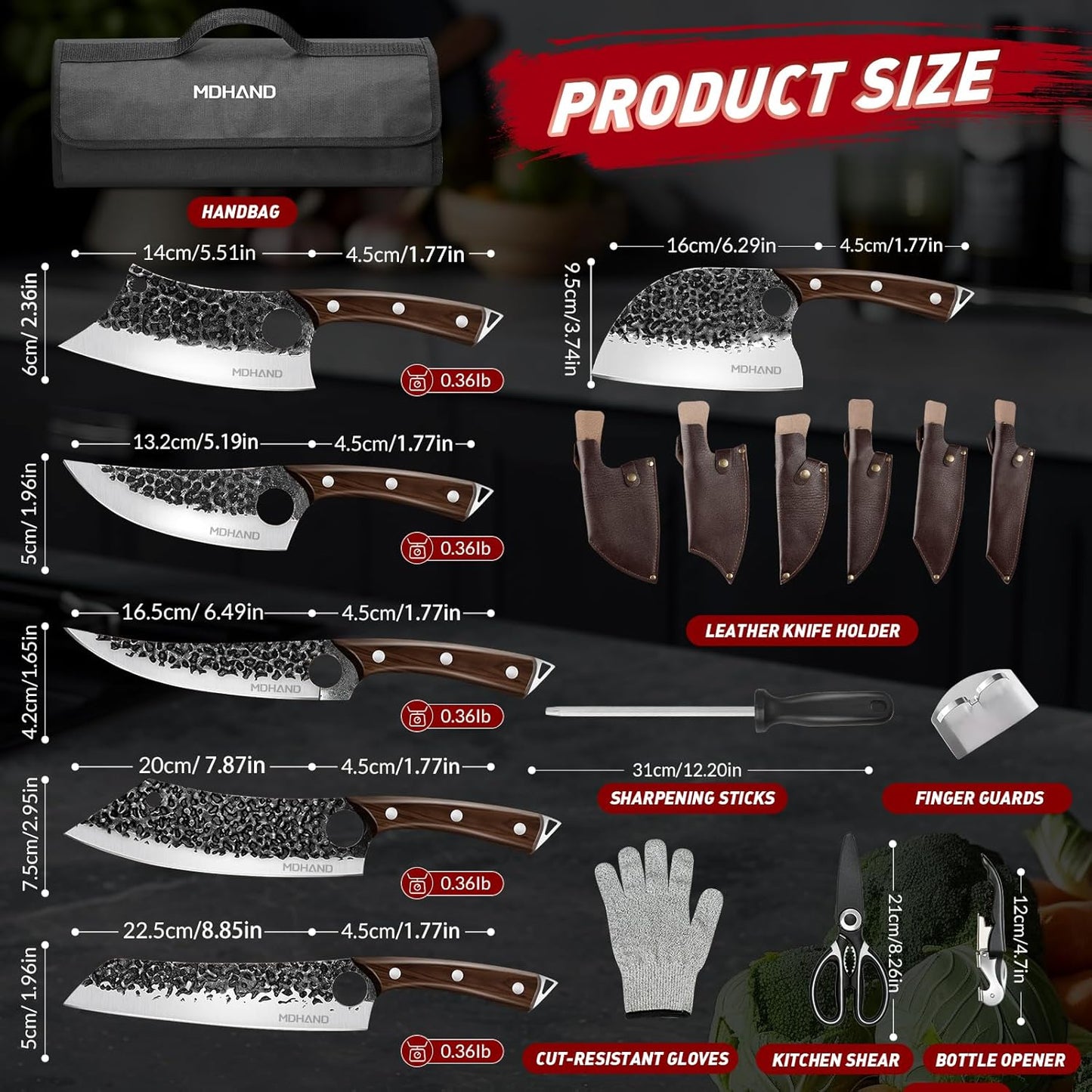 MDHAND Butcher Knife Set, 12PCS Hand Forged Serbian Chef Knife Set with Bag, High Carbon Steel Full Tang Kitchen Knives Set, Meat Cleaver & Boning Knife for Brisket Trimming BBQ Camping, Gift for Men