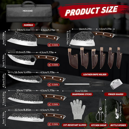 MDHAND Butcher Knife Set, 12PCS Hand Forged Serbian Chef Knife Set with Bag, High Carbon Steel Full Tang Kitchen Knives Set, Meat Cleaver & Boning Knife for Brisket Trimming BBQ Camping, Gift for Men