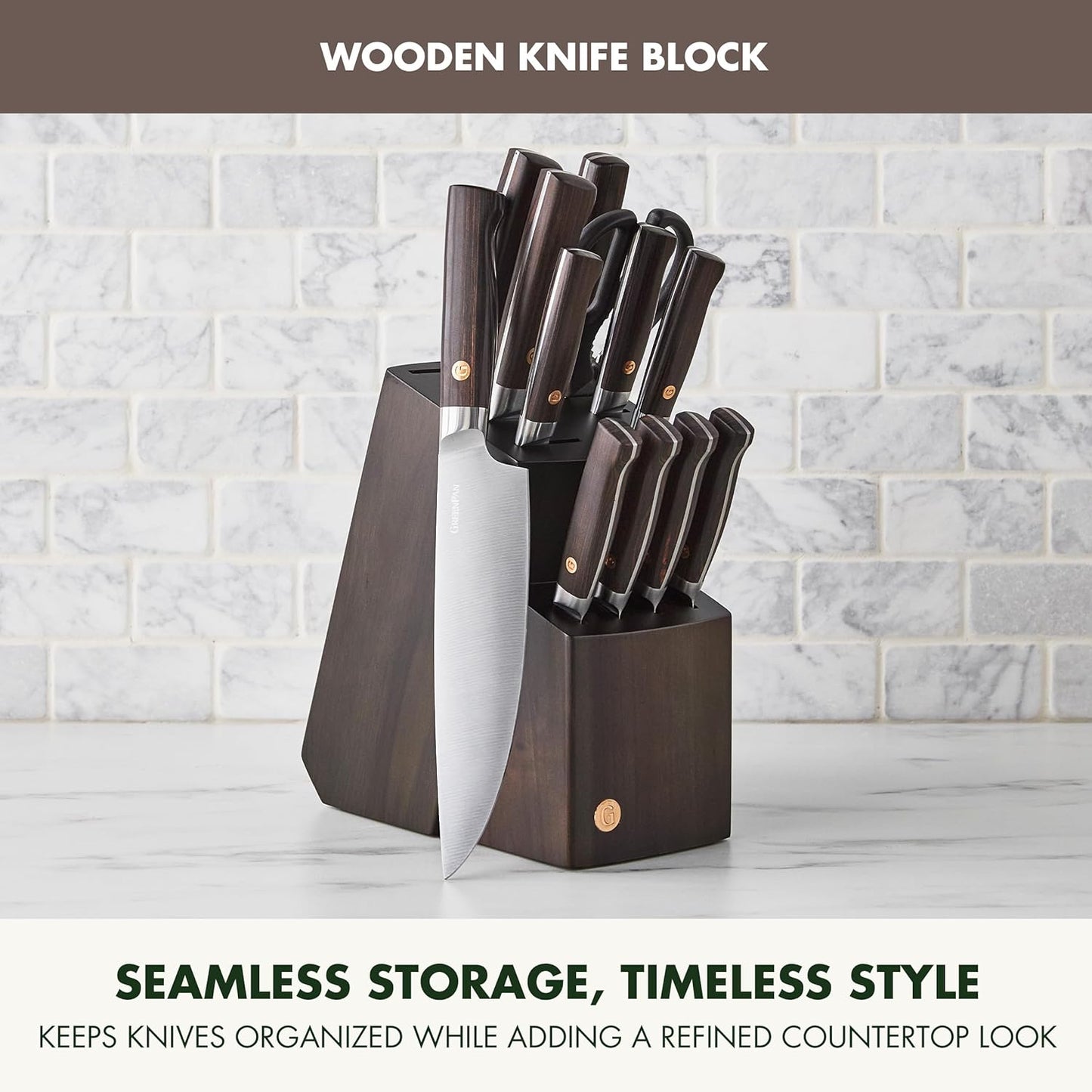 GreenPan Elite 8 Piece Steak Knife Set, Professional Stainless Steel Blades with Titanium Coating, Ultra-Sharp Dining Knives, Kitchen Cutlery, Ergonomic Wood Handles, Wooden Storage Box