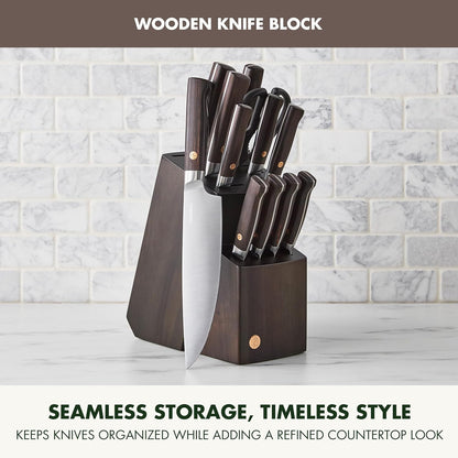 GreenPan Elite 8 Piece Steak Knife Set, Professional Stainless Steel Blades with Titanium Coating, Ultra-Sharp Dining Knives, Kitchen Cutlery, Ergonomic Wood Handles, Wooden Storage Box