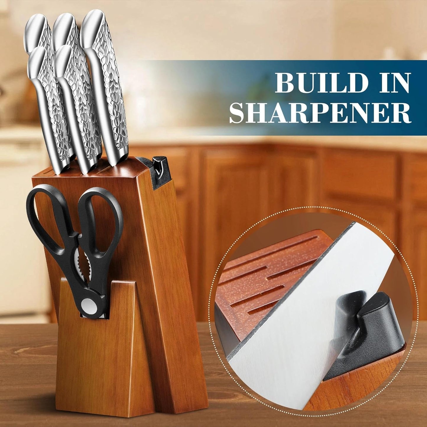 DRAGON RIOT Knife Set with Wood Block - Stainless Steel Kitchen Knives Block Set with Built in Sharpener, Dishwasher Safe, Non-Slip Ergonomic Handle - Gift for Men Women and Housewarming