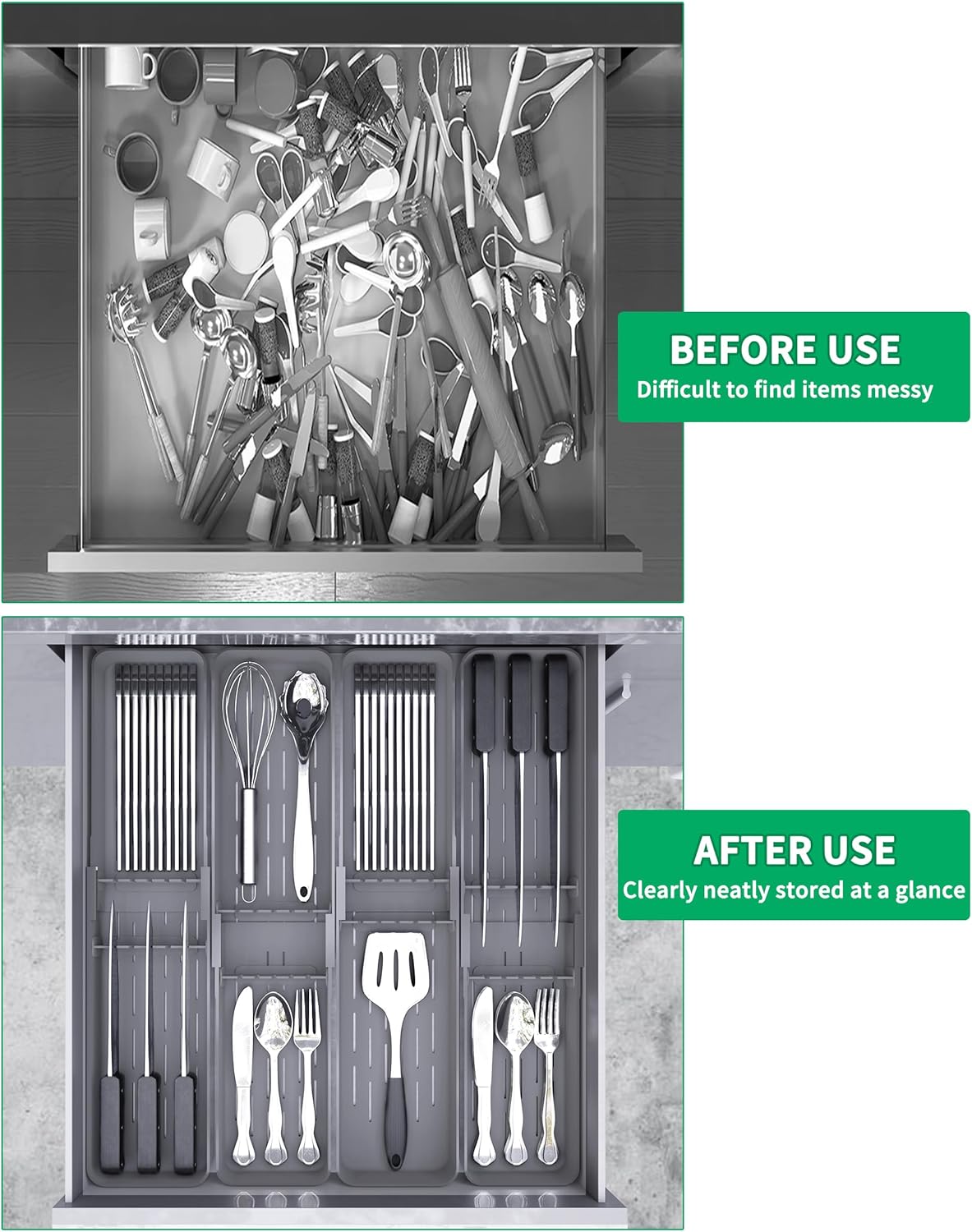 Kitchen Drawer Silverware Organizer, Adjustable Cutlery Organizer, Expandable Utensils Holder, Silverware Dividers Tray, Storage for Flatware, Large Drain Board (Gray,2 Sets)