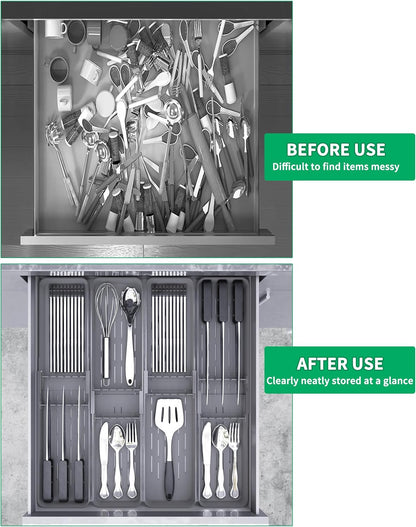 Kitchen Drawer Silverware Organizer, Adjustable Cutlery Organizer, Expandable Utensils Holder, Silverware Dividers Tray, Storage for Flatware, Large Drain Board (Gray,2 Sets)