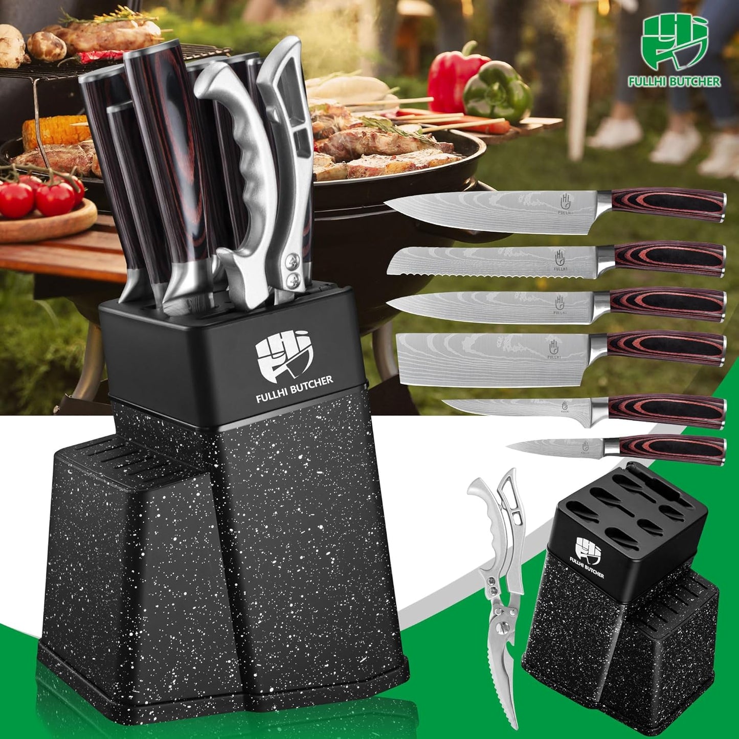 FULLHI 8pcs block Knife Set,chef's Knves Set with Block and Sharpener, Kitchen Knife Set,Multi-colour Handle, Gifts for Men Women