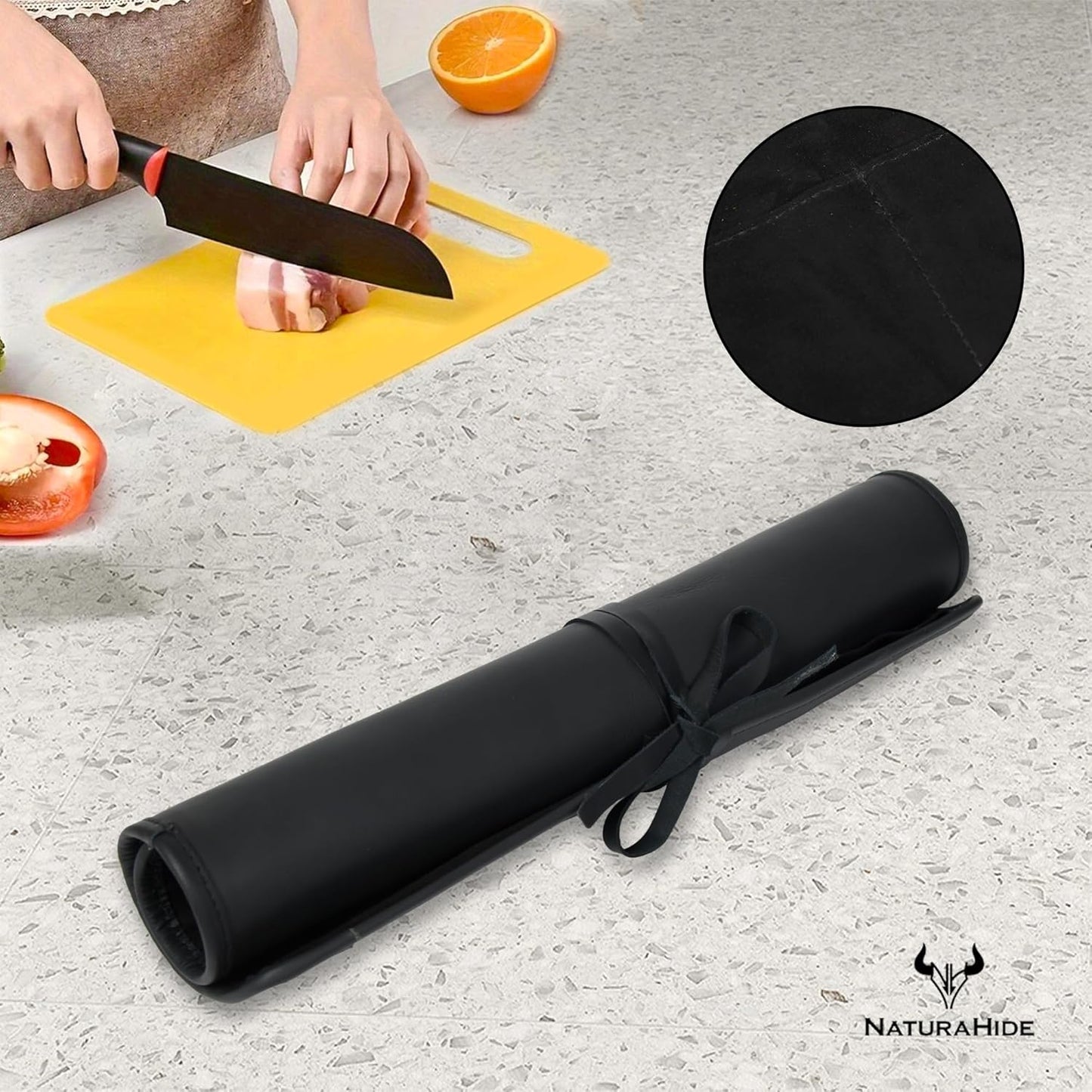 Leather Knife Roll Bag for Professional Chefs 4 Slot Full Grain and Suede Leather Knife Case Handmade Culinary Tool Roll Organizer for Travel, Kitchen and Outdoor Cooking (Black)