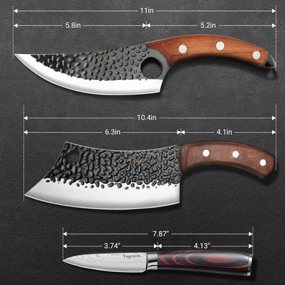 3PCS Butcher Chef Knife Set for Kitchen - Meat Cleaver & Paring Knife, Hand Forged High Carbon Steel Knives with Sheath for Home Cooking, Outdoor Camping, BBQ, Gift Idea for Men