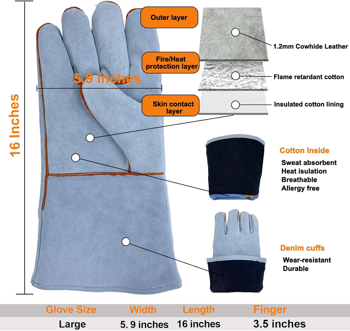 Welding Gloves 14 Inches, Heat Resistant 932℉ Leather Welding Gloves for MIG, TIG, Stick, Long Sleeve Grill Gloves for Welding, Fireplace, BBQ, Oven, Furnace, Wood Stove, Animal Handling