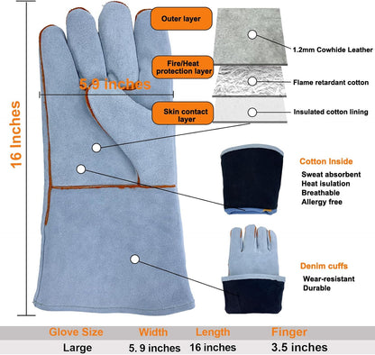 Welding Gloves 14 Inches, Heat Resistant 932℉ Leather Welding Gloves for MIG, TIG, Stick, Long Sleeve Grill Gloves for Welding, Fireplace, BBQ, Oven, Furnace, Wood Stove, Animal Handling