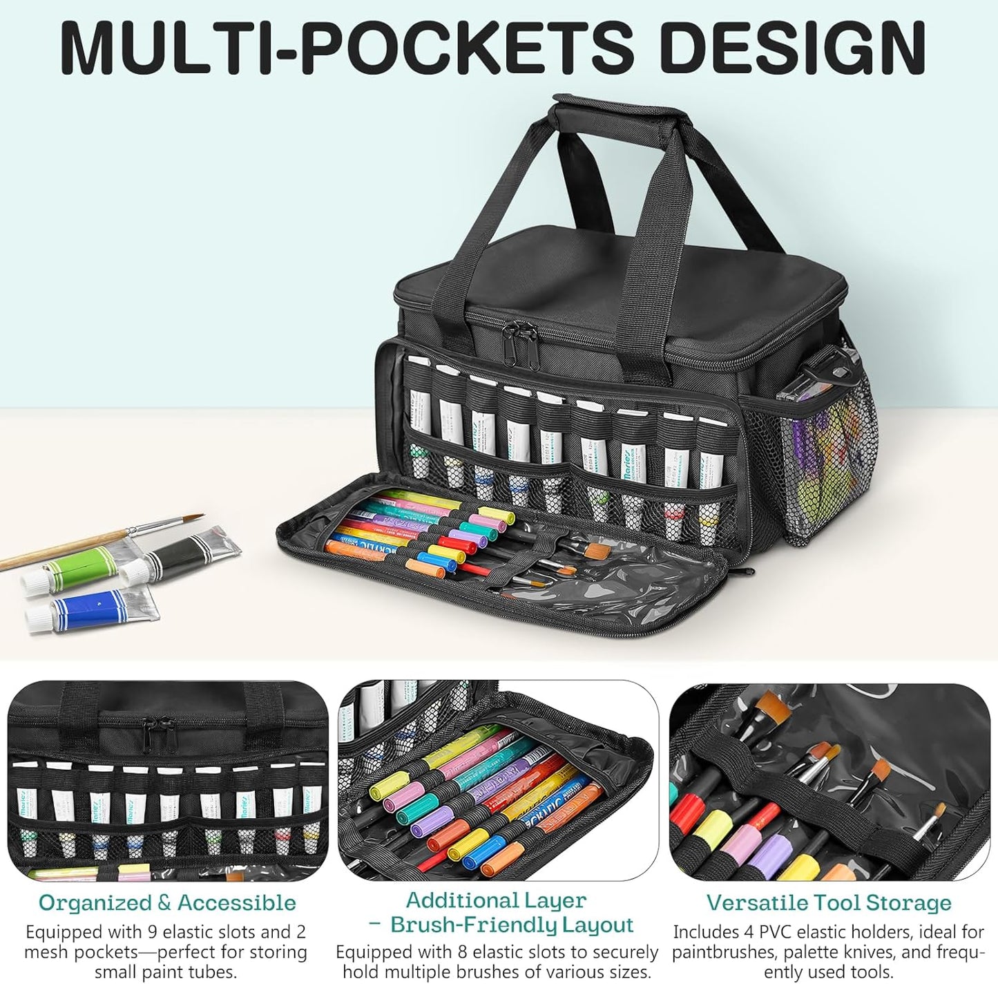 ORKELS Craft Paint and Marker Organizer, Acrylic Paint Storage Bag with Brush and Bottle Holders, Large Marker Carrying Case for Artists (Purple)