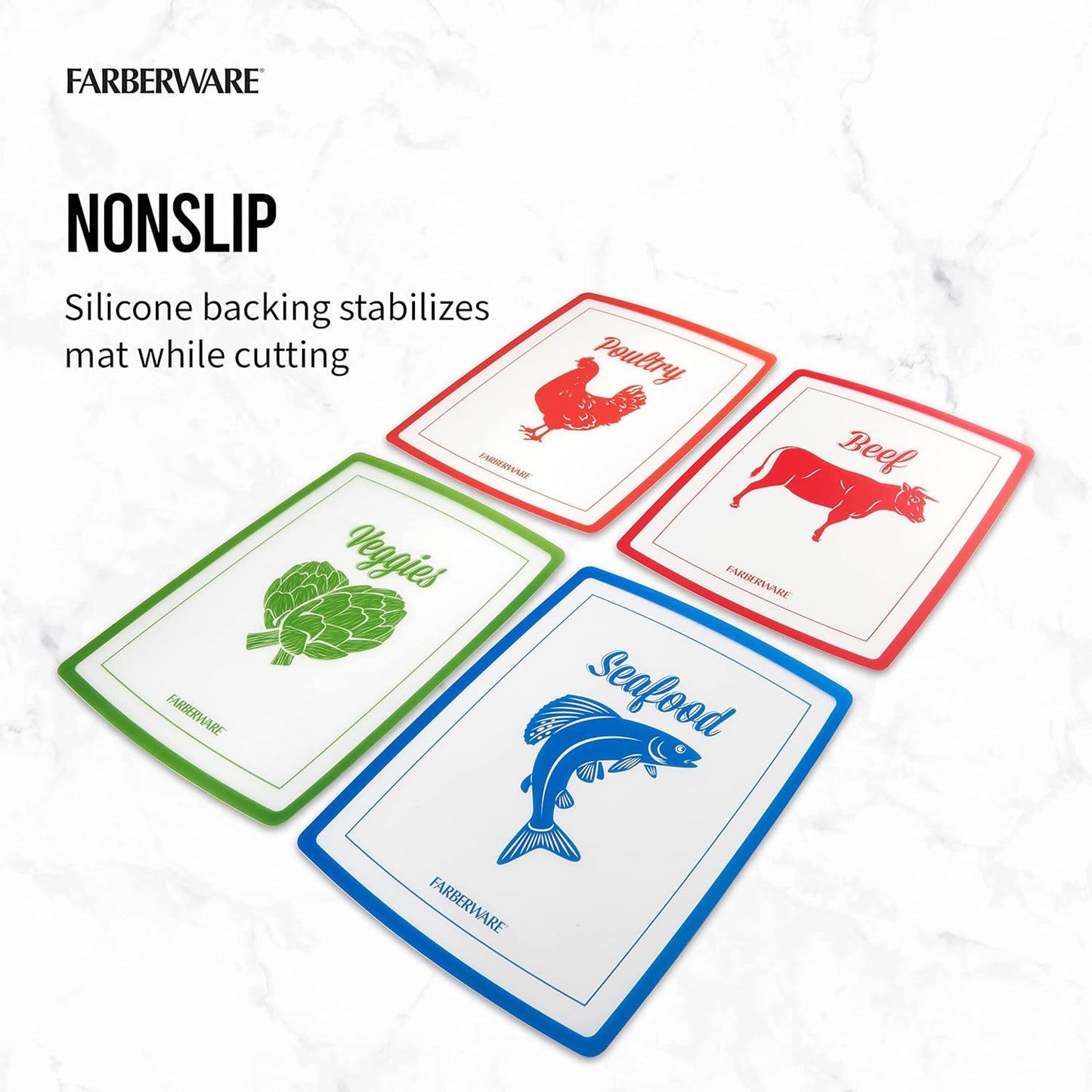 Farberware Flexible Cutting Mats with Food Icons, 11-Inch-by-15-Inch, Set of 4