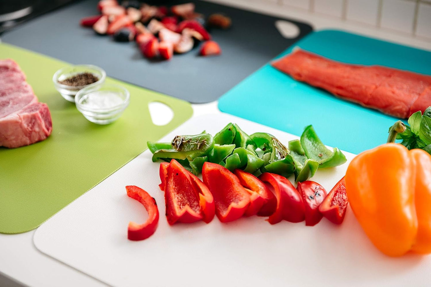Dexas Heavy Duty Cutting Board Grippmat, Flexible Cutting Boards for Kitchen, Set of 4, Non Slip Plastic Board Cutting Mat Small Size 5.5 x 8, Blue, Green, Yellow, Red Set, Kitchen Gadgets