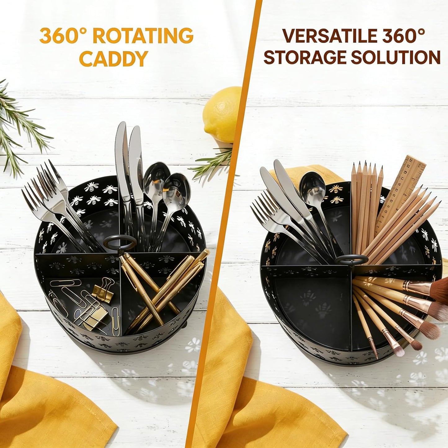 NelyBet 360° Rotating Utensil Caddy With Handle, Cutlery Silverware Caddy Holder Flatware Organizer with 4 Compartment For Kitchen Countertop Party Office Black