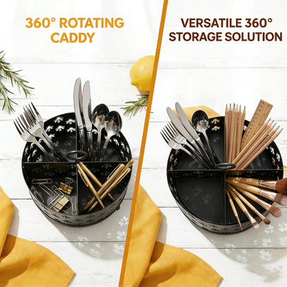 NelyBet 360° Rotating Utensil Caddy With Handle, Cutlery Silverware Caddy Holder Flatware Organizer with 4 Compartment For Kitchen Countertop Party Office Black