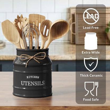 Barnyard Designs Ceramic Farmhouse Utensil Holder for Kitchen Counter, Large Rustic Utensil Crock, Countertop Cooking Tool Spatula Organizer, 6.75” (Taupe)