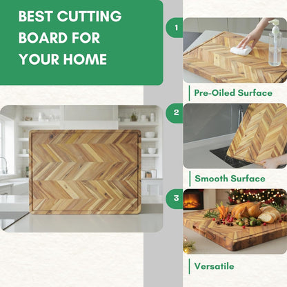 End Grain Acacia Wood Cutting Boards for Kitchen, 1.5 in Thick Butcher Block Construction for Stability, 15 x 10 in Medium Cutting Boards with Gift Box, Juice Groove and Handle