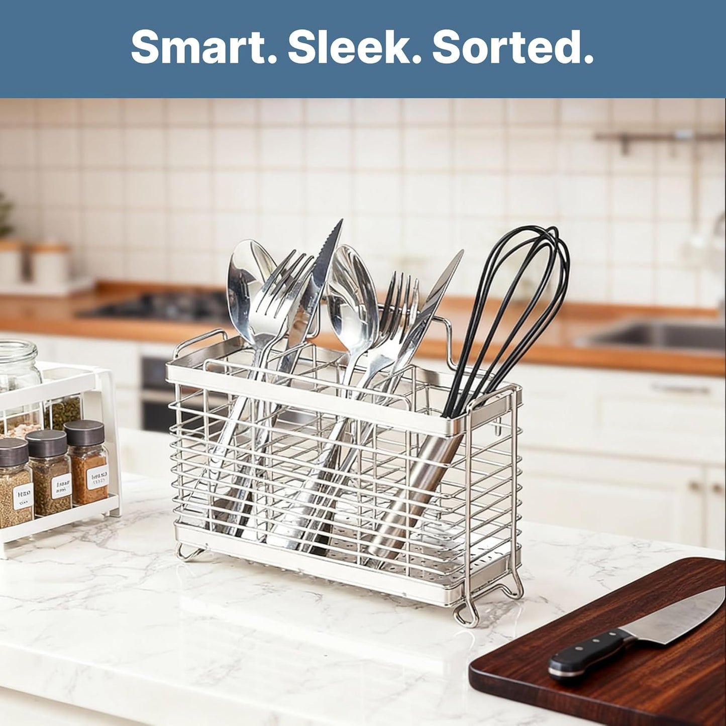 KESOL Kitchen Utensil Holder, Stainless Steel Utensil Drying Rack Flatware Holder Sinkware Caddy Countertop Organizer with 4 Divided Compartments, Rust Proof